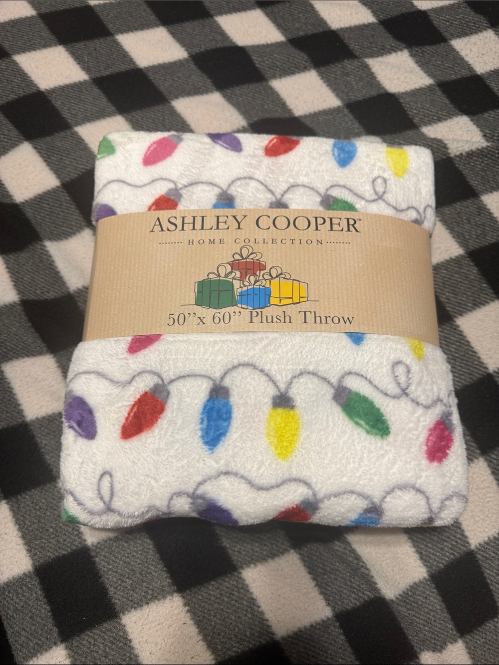 Ashley Cooper White Plush Throw with Colorful Holiday Light Print
